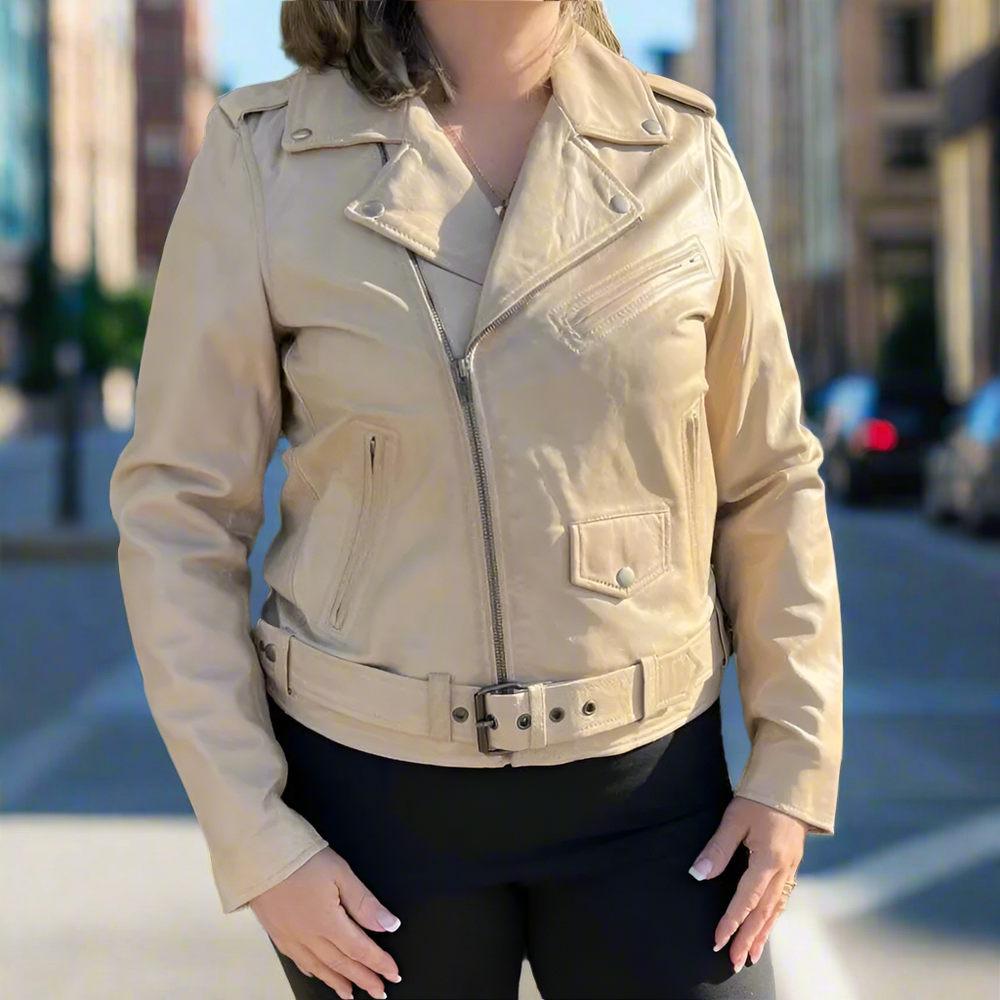 Veste de motard en cuir d'agneau pour femme avec ceinture