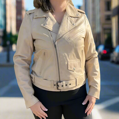 Veste de motard en cuir d'agneau pour femme avec ceinture