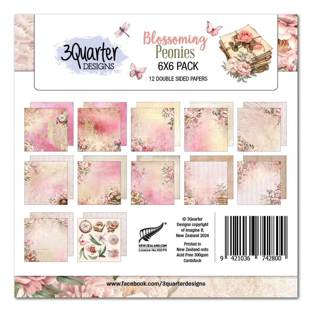 Bloc de papiers 6x6 Pivoines en fleurs 3Quarter Designs