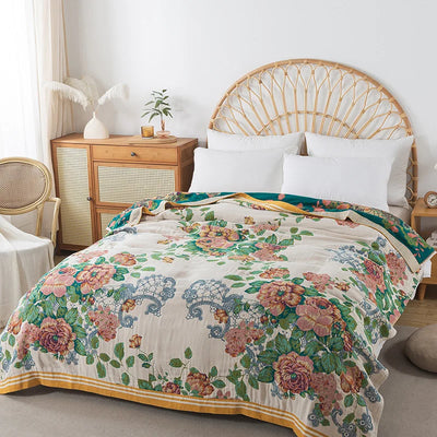Couvre-lit Bohème en Coton "Jardin Sauvage" - Crème/Rose Blush