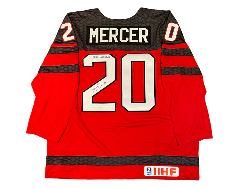 Maillot Rouge Domicile Nike Équipe Canada Autographié par Dawson Mercer et Inscrits « Or CMJ 2020 »