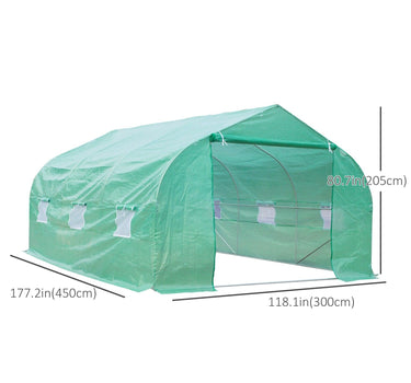 Outsunny 15' x 10' x 7' Walk-in Greenhouse Outdoor Plant Tunnel Warm Hot House w/ Roll Up Door and 6 Mesh Windows, Steel Frame, Green