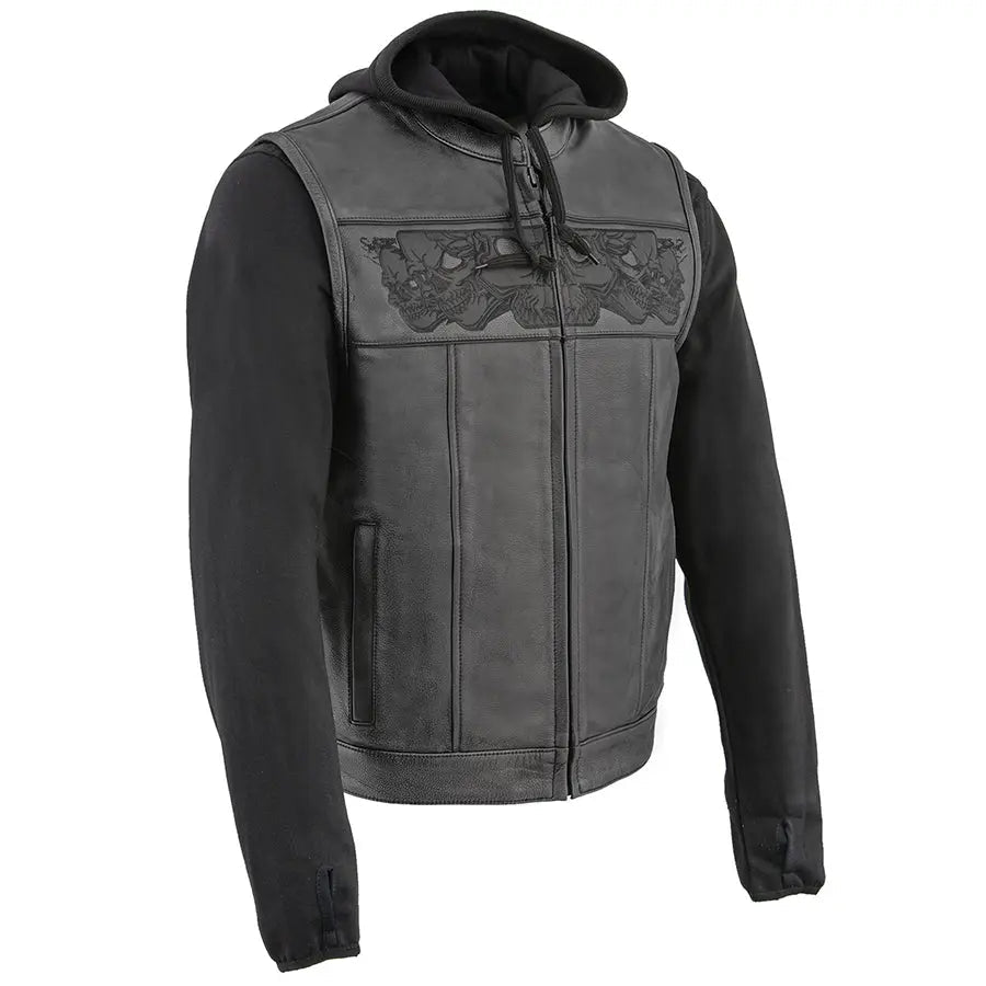 Gilet en cuir noir pour hommes Milwaukee Leather avec crânes réfléchissants et doublure à capuche intégrale