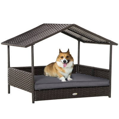Outsunny PawHut Lit surélevé en rotin pour chien, maison d'intérieur et d'extérieur, panier en osier, lit de camp pour chien, canapé-lit avec coussin rembourré et abri de toit gris