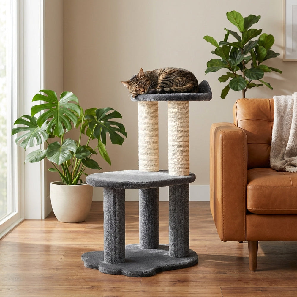 Détente – Arbre à chat à 2 niveaux – Fausses fourrures grises