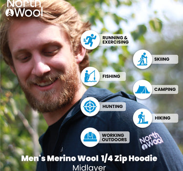 NorthWool Men's Merino Wool 1/4 Zip Midlayer Hoodie with Pouch and Pocket 260 GSM