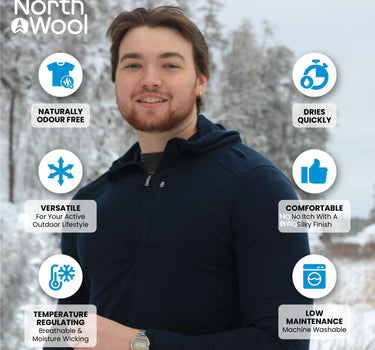 NorthWool Men's Merino Wool 1/4 Zip Midlayer Hoodie with Pouch and Pocket 260 GSM