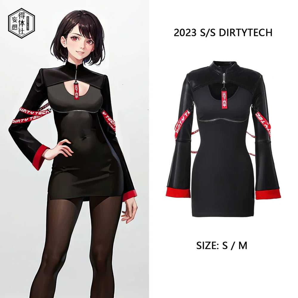 Robe Courte d'Ensorceleuse Style Anime Noir et Blanc en Spandex et Similicuir avec Fermeture Éclair au Buste