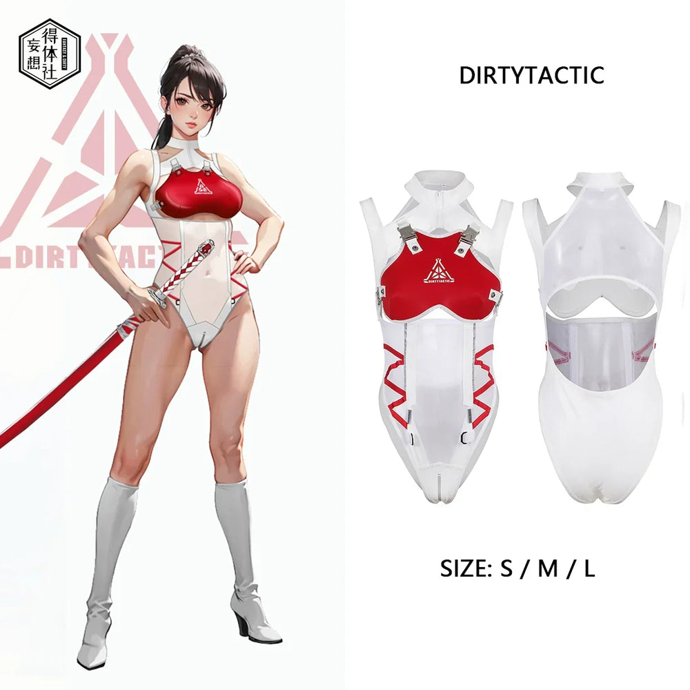 Tactical Anime Girl PU Leather Sheer Mesh Sexy Cosplay Bodysuit Costume White