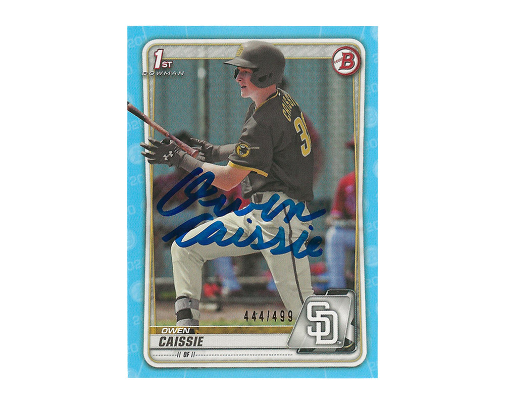 Carte de baseball Owen Caissie autographiée 2020 Bowman Draft Paper #BD-49 1ère recrue Bleu Ciel /499 avec nom complet inscrit