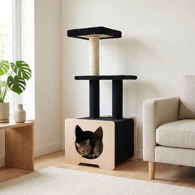 Cachette Cabane - Arbre à chat de luxe à 3 niveaux