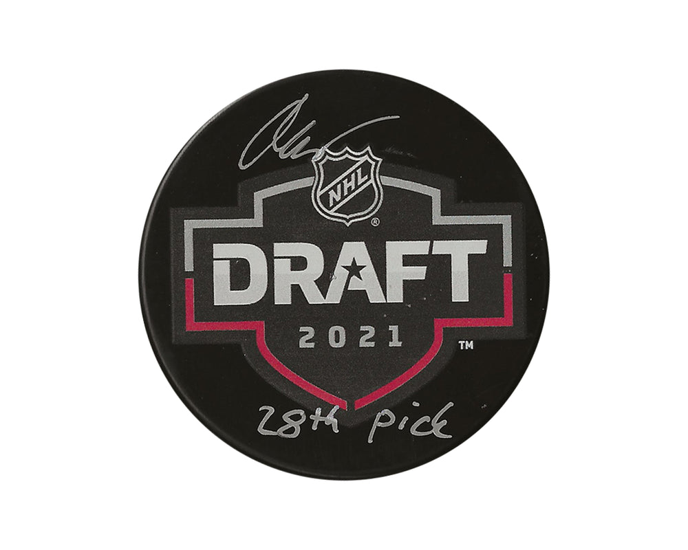 Palet de hockey Oskar Olausson, autographe et inscription « 28th Pick », repêchage de la LNH 2021