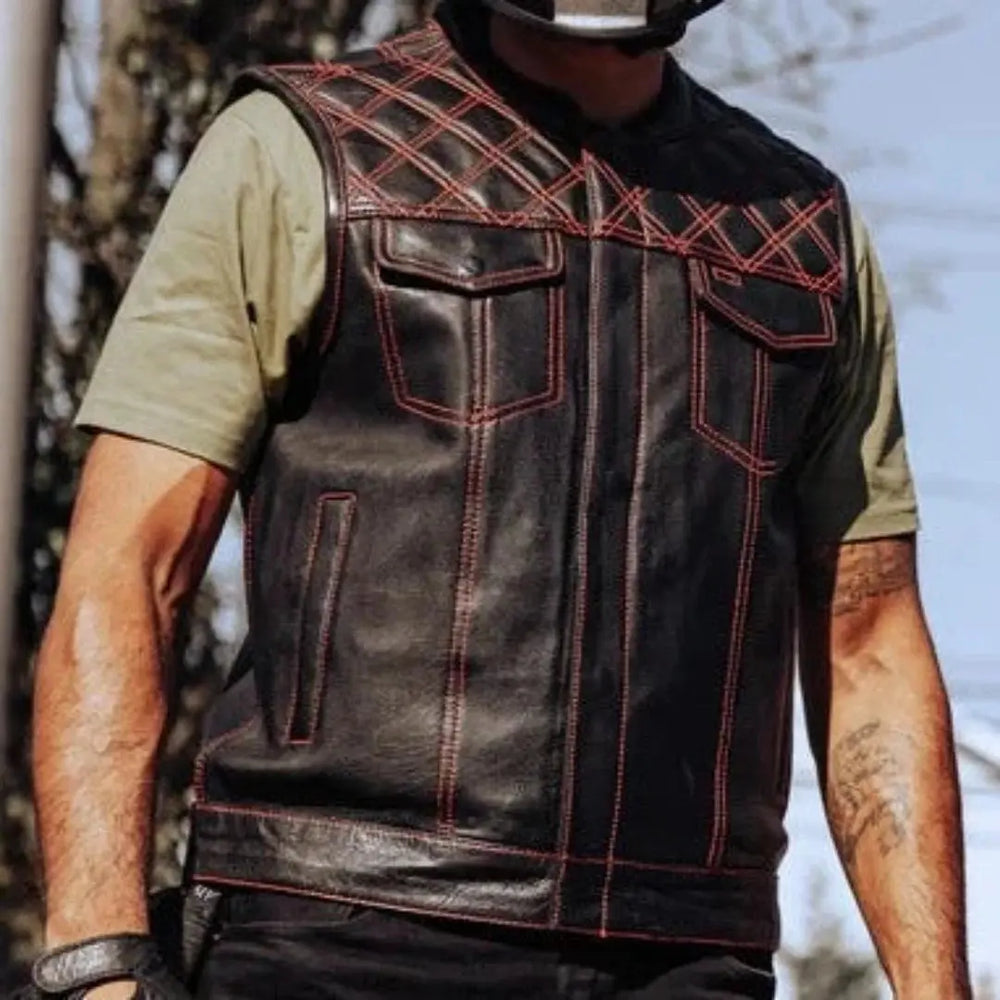 Open Road Men's Upside Leather with Red Stitched Diamonds Vest — Boutique of Leathers/Open Road