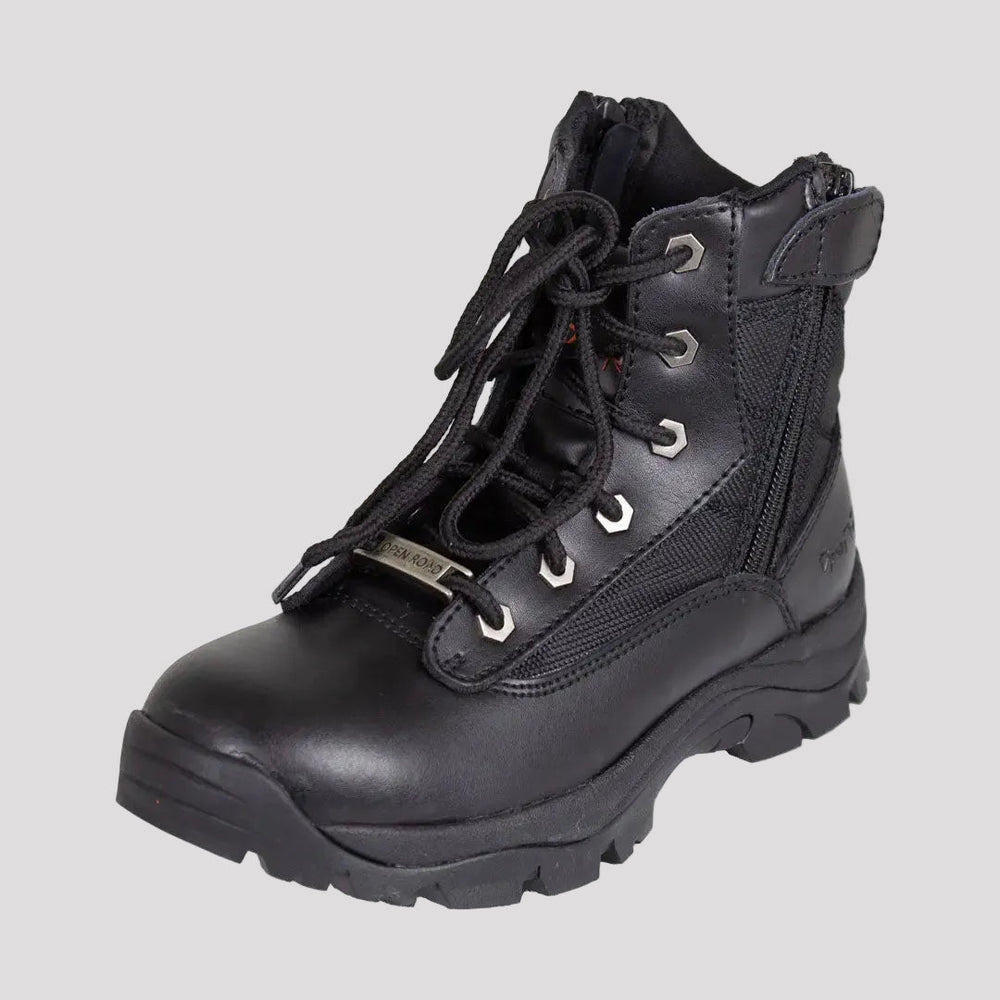 Bottes tactiques à lacets noires en cuir pour femmes "Open Road" avec fermeture éclair latérale