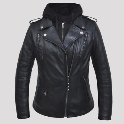 Open Road Women's Hooded Classic Leather Motorcycle Jacket