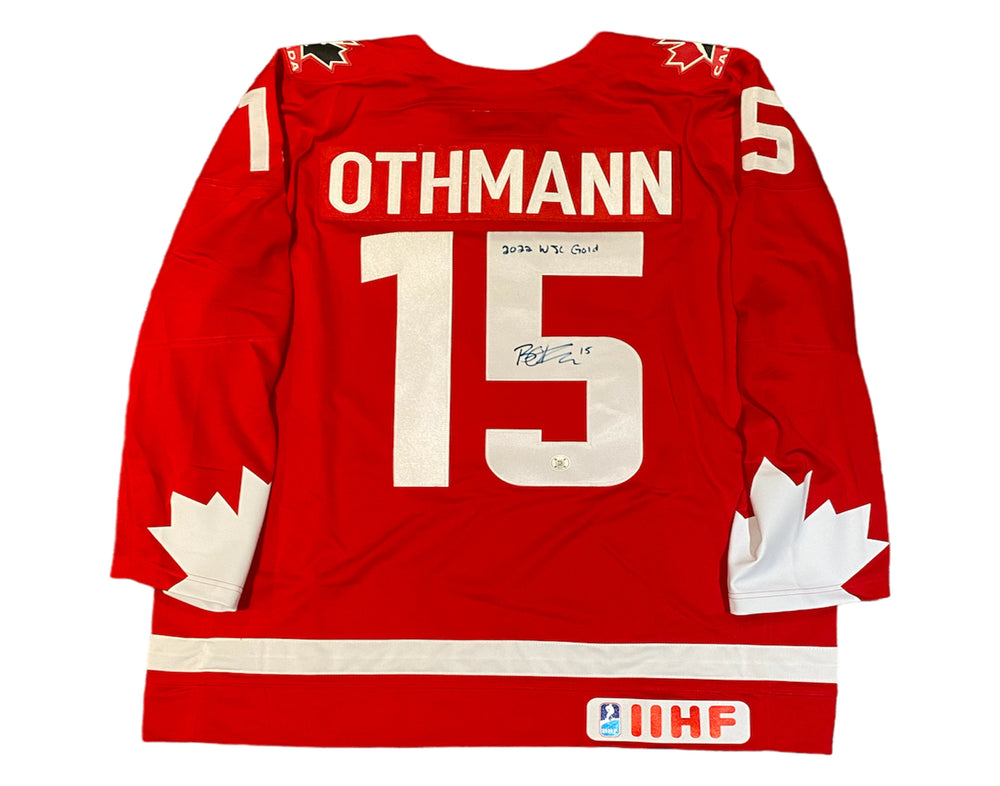 Maillot Nike rouge « Heritage » de l’équipe Canada autographié par Brennan Othmann, avec l’inscription « 2022 WJC Gold »