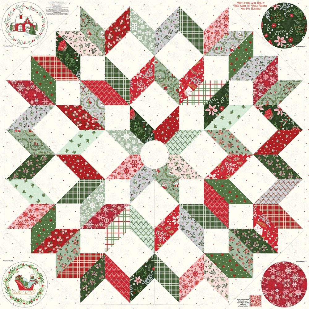 Mistletoe & Holly  54in x 54in Tree Skirt & Pot Holder Panel — Cottage Quilting Ltd.