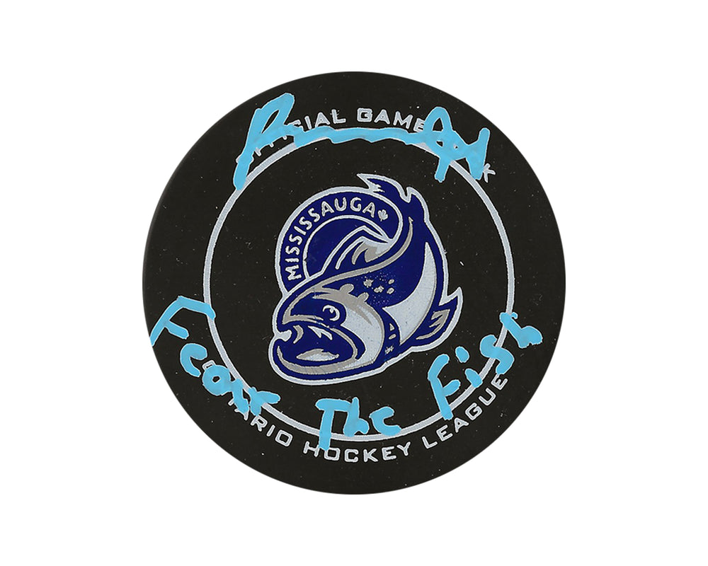 Palet officiel des Steelheads de Mississauga, signé par Porter Martone, avec l'inscription « Fear The Fish »