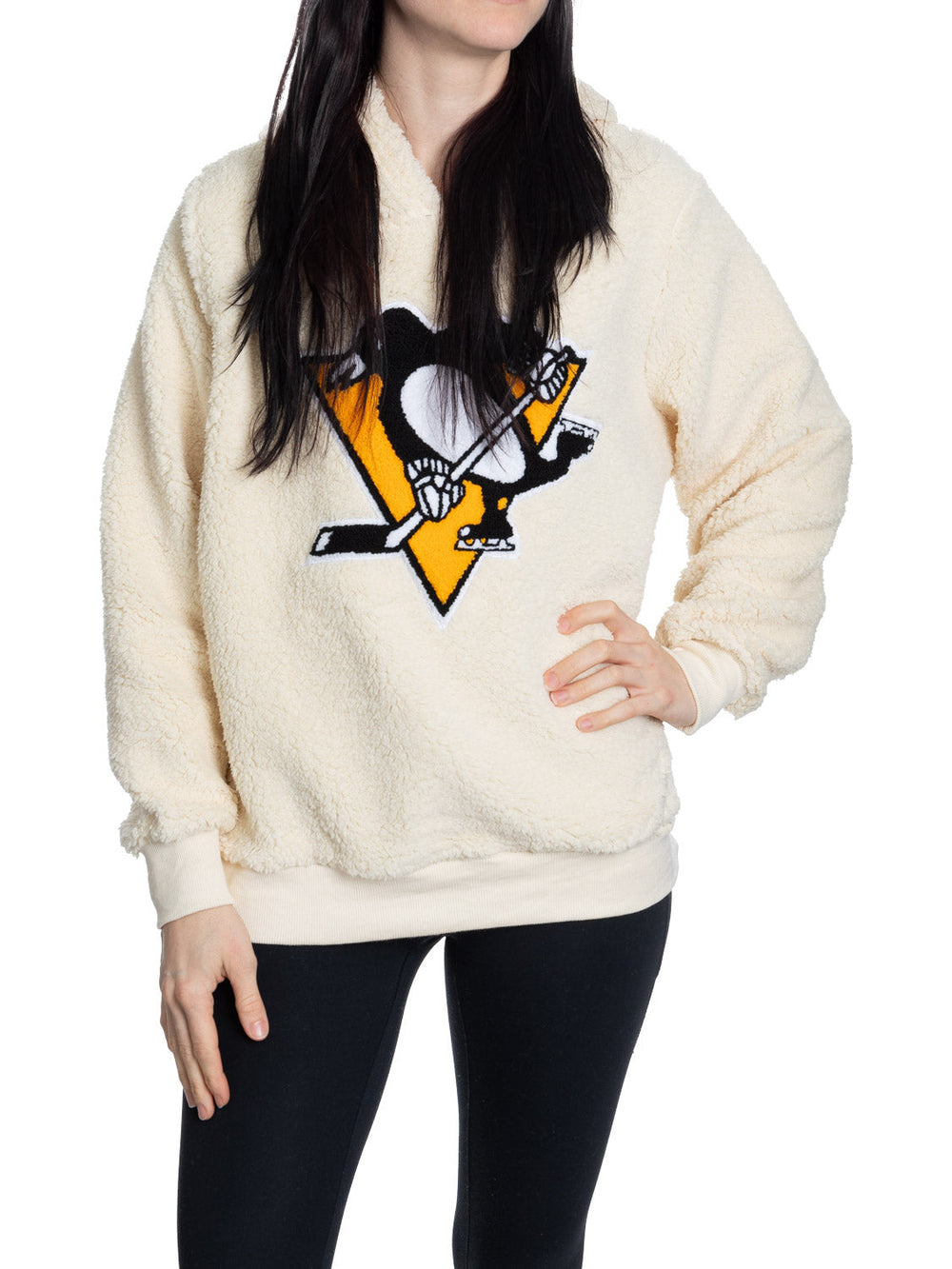 Chandail à capuchon Sherpa pour femme Pittsburgh Penguins avec logo chenille de qualité supérieure