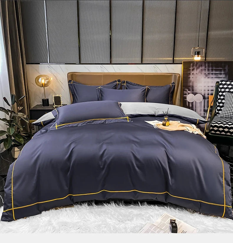 Ensemble de couette Royal Retreat en coton égyptien 600 TC avec broderie fine dorée - Violet/Gris Foncé/Blanc/Bleu Acier/Gris Clair/Vert Jade/Rose Pêche/Champagne/Bleu/Beige/Vert Aqua/Vert Émeraude