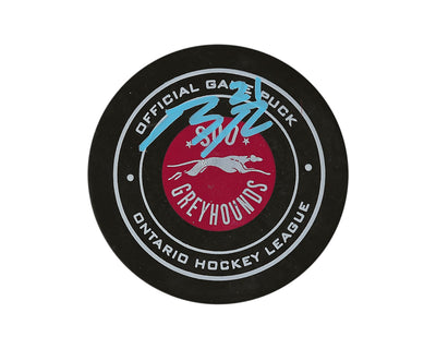 Puck de match officiel des Sault Ste. Marie Greyhounds autographié par Ryan O'Rourke