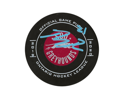 Palet officiel de match 2019-20 des Greyhounds de Sault Ste. Marie autographié par Ryan O'Rourke