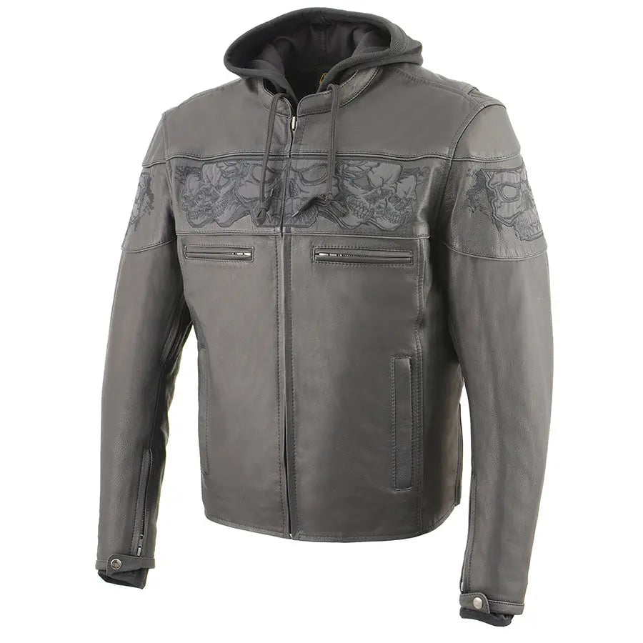 Milwaukee Leather Men's Crossover Scooter Jacket w/ Reflective Skulls & Full Sleeve Removable Hoodie — Boutique of Leathers/Open Road