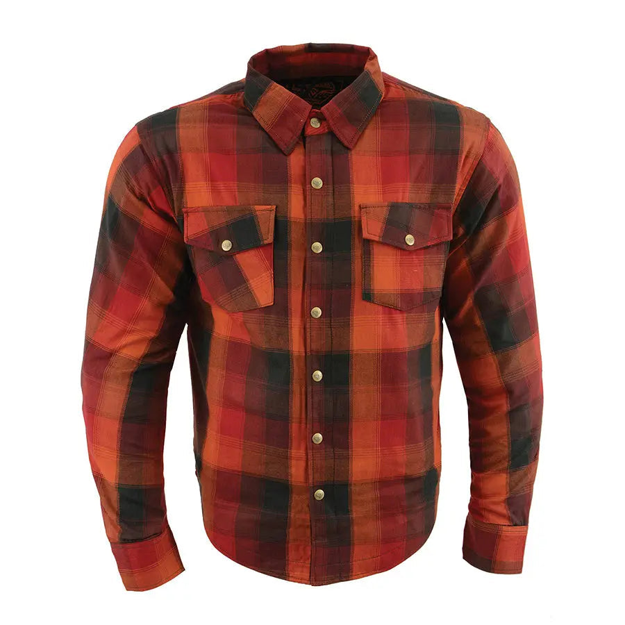 Milwaukee Leather Men's Red & Orange Armored Flannel Biker Shirt w/ Reinforced Fibers