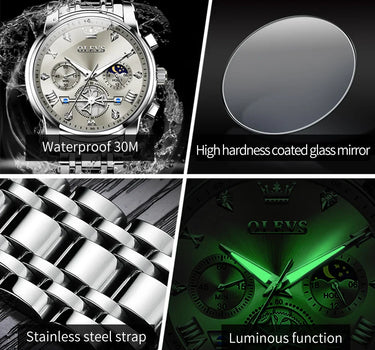 OLEVS Men's Watches Classic Multifunctional Fltwheel Chronograph Original Quartz Wristwatch Moon Phase 24 Hour Waterproof reloj