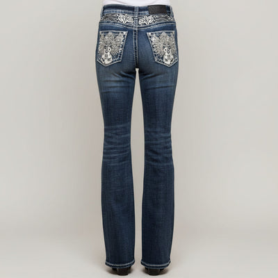 Skull Rider Jeans pour femme : Notes de musique et guitare électrique ornées. Jambe évasée taille haute en denim western.