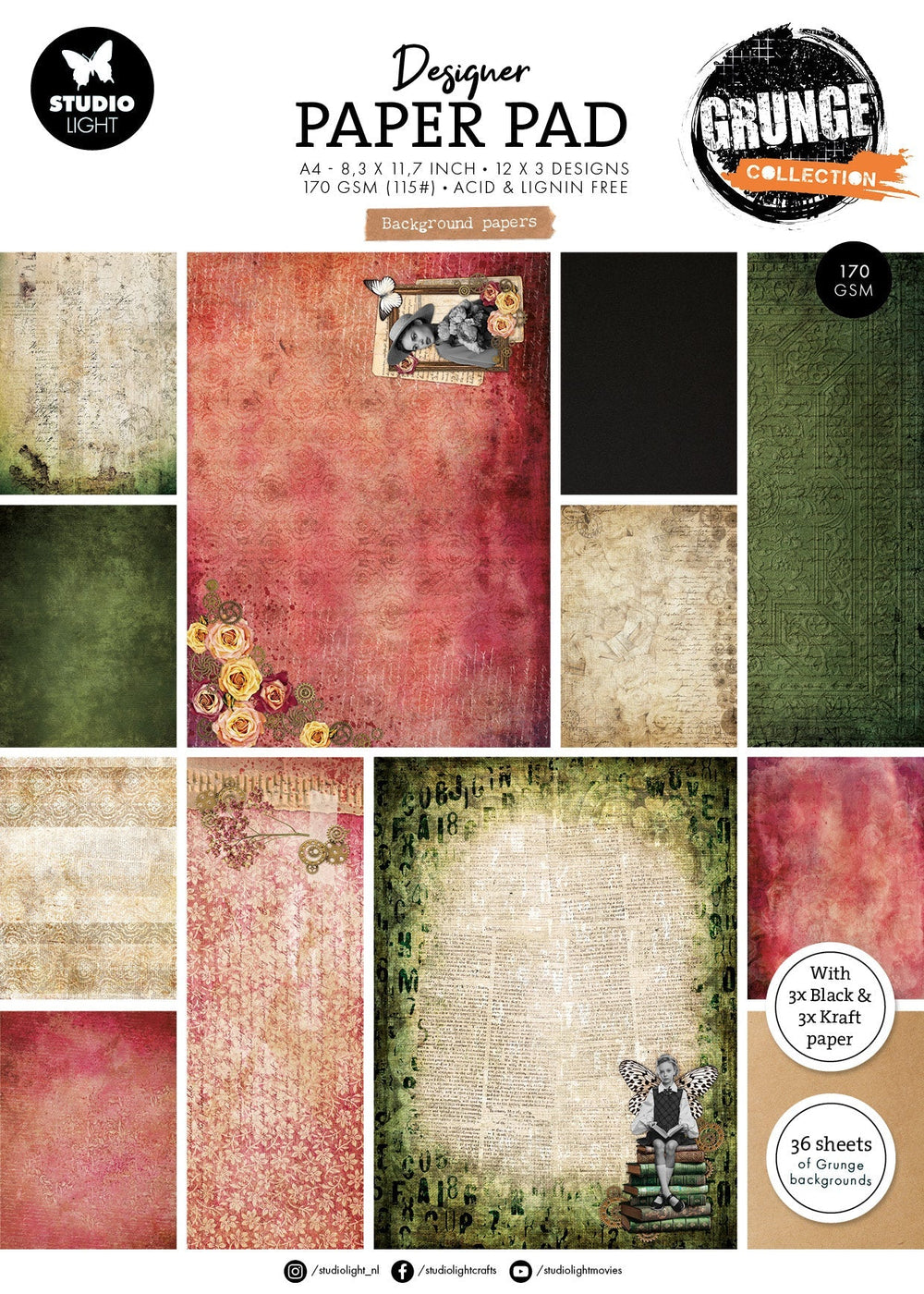 SL Designer Paper Pad Papiers de fond Collection Grunge 203,2x203,2x9mm 36 feuilles