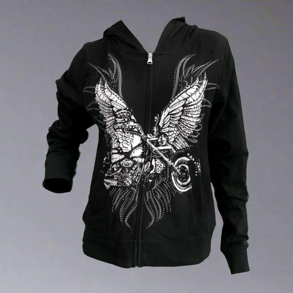 Sweat à capuche moto avec ailes et strass pour femme