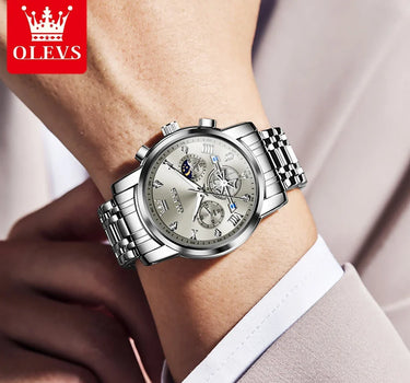 OLEVS Men's Watches Classic Multifunctional Fltwheel Chronograph Original Quartz Wristwatch Moon Phase 24 Hour Waterproof reloj