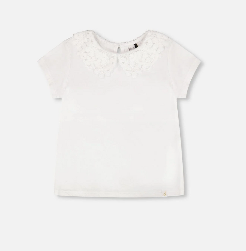 T-shirt avec col Claudine en crochet | Blanc | Duex par Deux