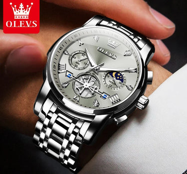 OLEVS Men's Watches Classic Multifunctional Fltwheel Chronograph Original Quartz Wristwatch Moon Phase 24 Hour Waterproof reloj