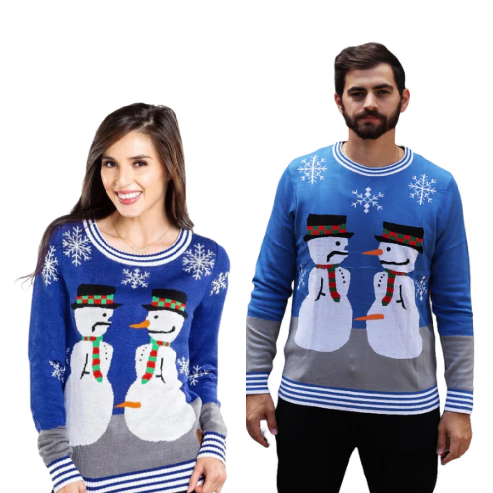 Couple - Voleur de nez de bonhomme de neige Pull de Noël bleu