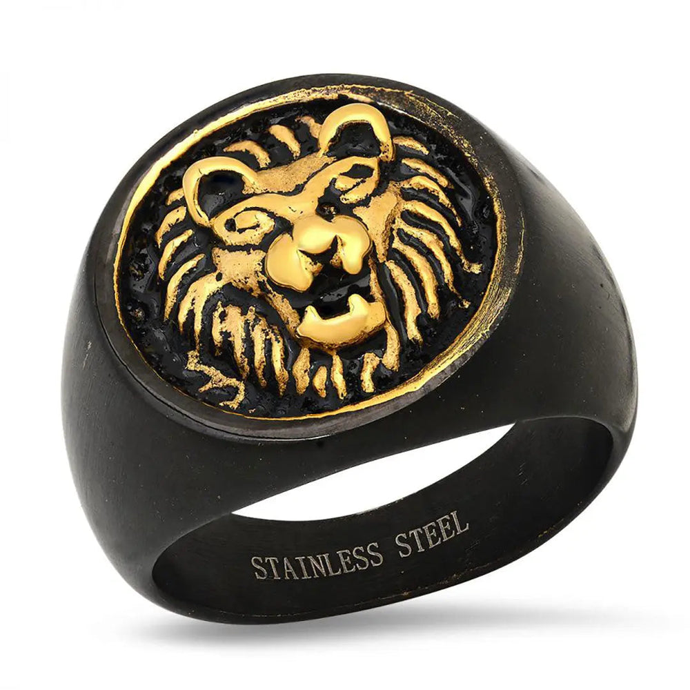 Bague chevalière SteelTime pour hommes en acier inoxydable noir avec lion doré