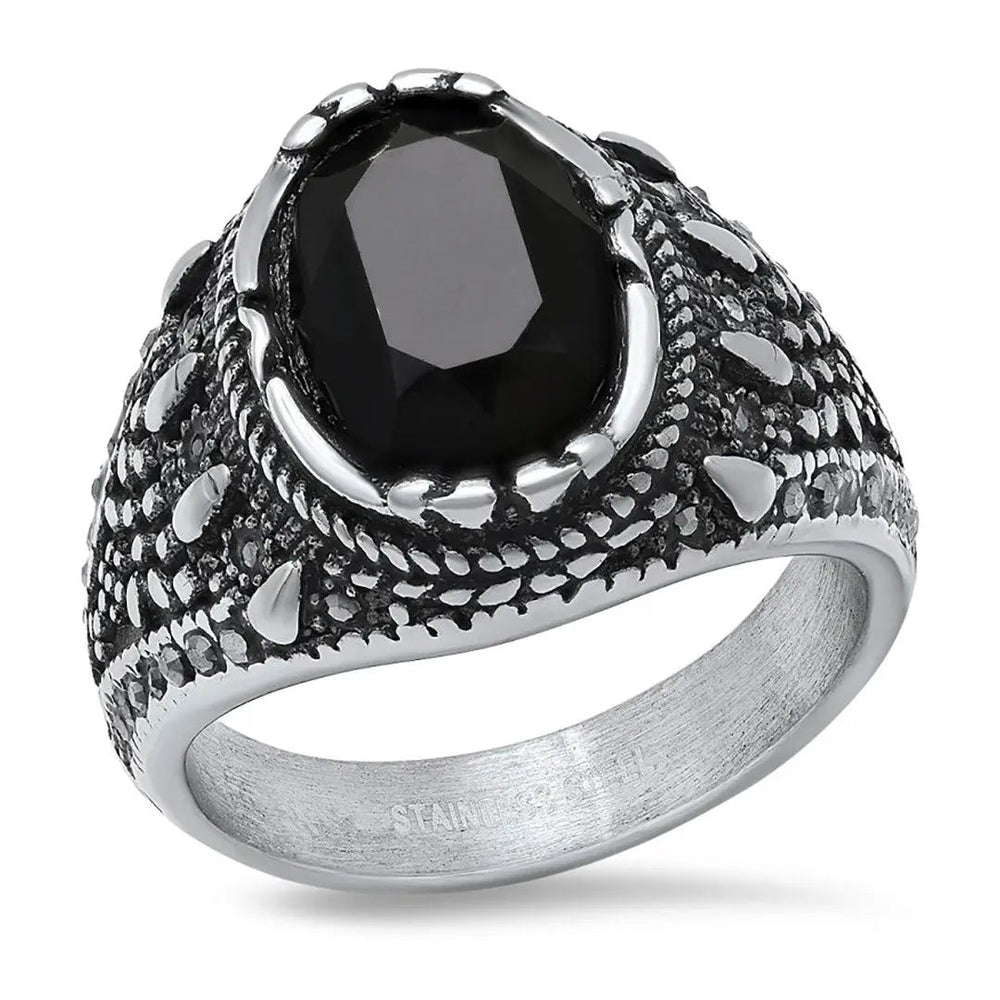 Bague SteelTime pour homme en acier inoxydable gothique avec diamant noir simulé