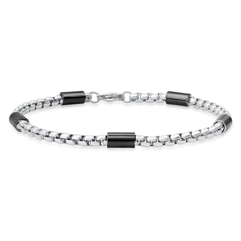Bracelet en chaîne maille forçat et barres, bicolore noir et acier inoxydable, pour homme, SteelTime