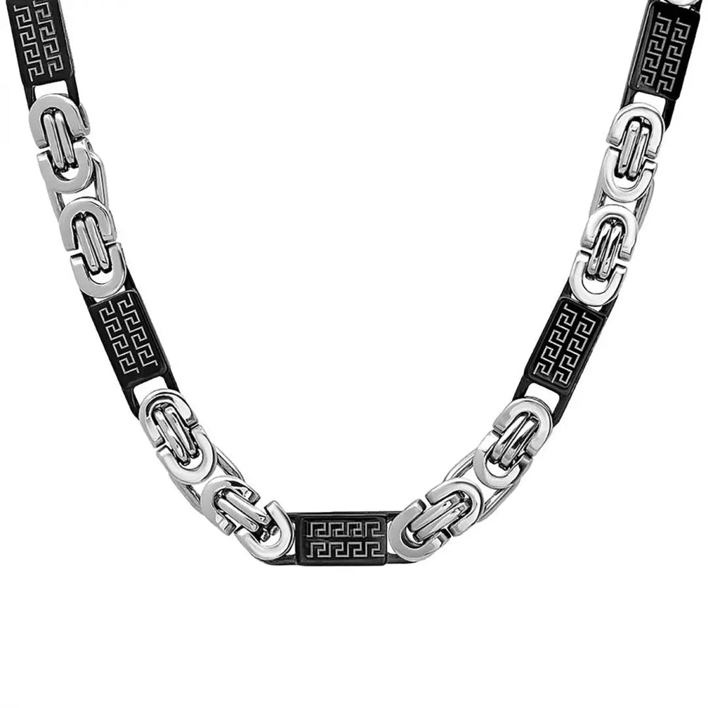 Collier byzantin SteelTime pour homme en acier inoxydable bicolore et placage ionique noir avec motifs Clé grecque