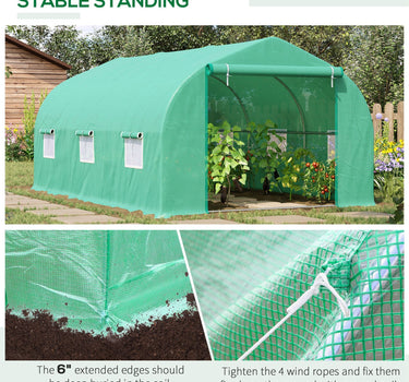 Outsunny 15' x 10' x 7' Walk-in Greenhouse Outdoor Plant Tunnel Warm Hot House w/ Roll Up Door and 6 Mesh Windows, Steel Frame, Green