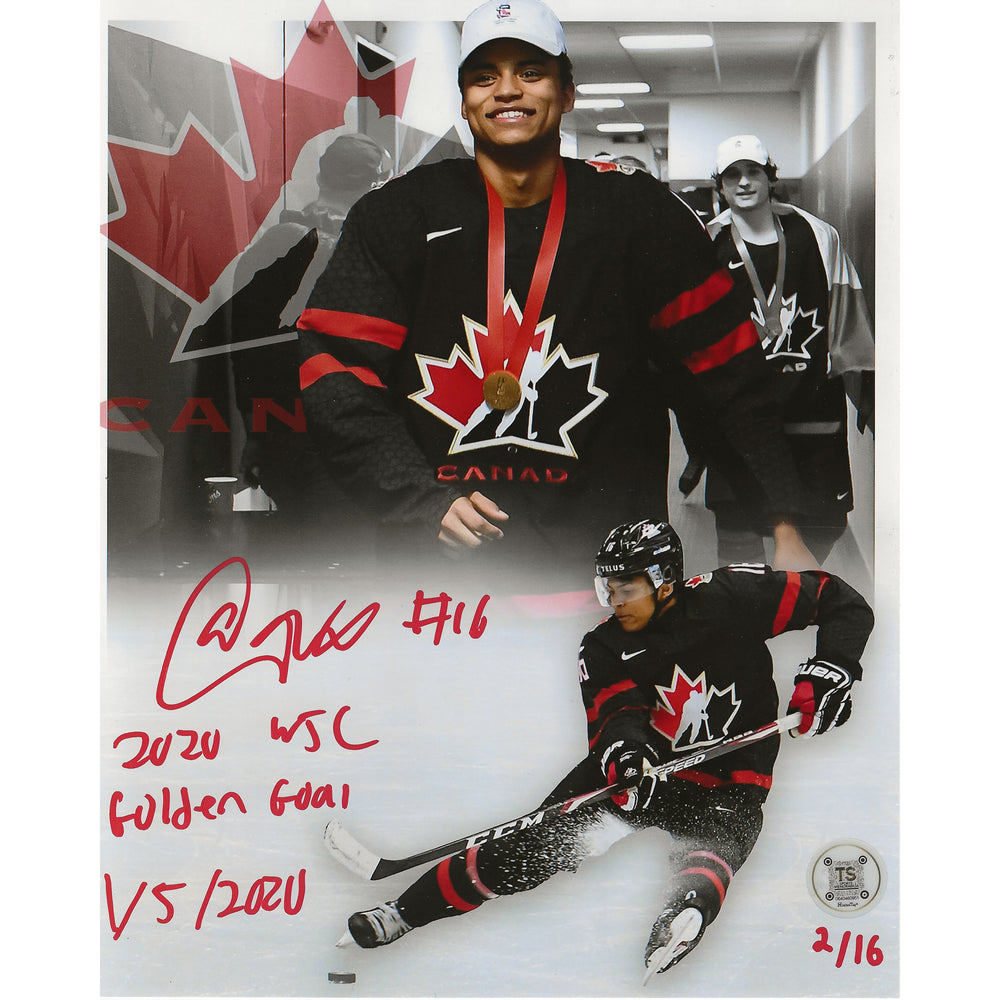 Photo 8x10 dédicacée par Akil Thomas - But en or - Équipe Canada, Championnat du Monde Junior 2020, LE /16 avec l'inscription « 2020 WJC Golden Goal 1/5/2020 »