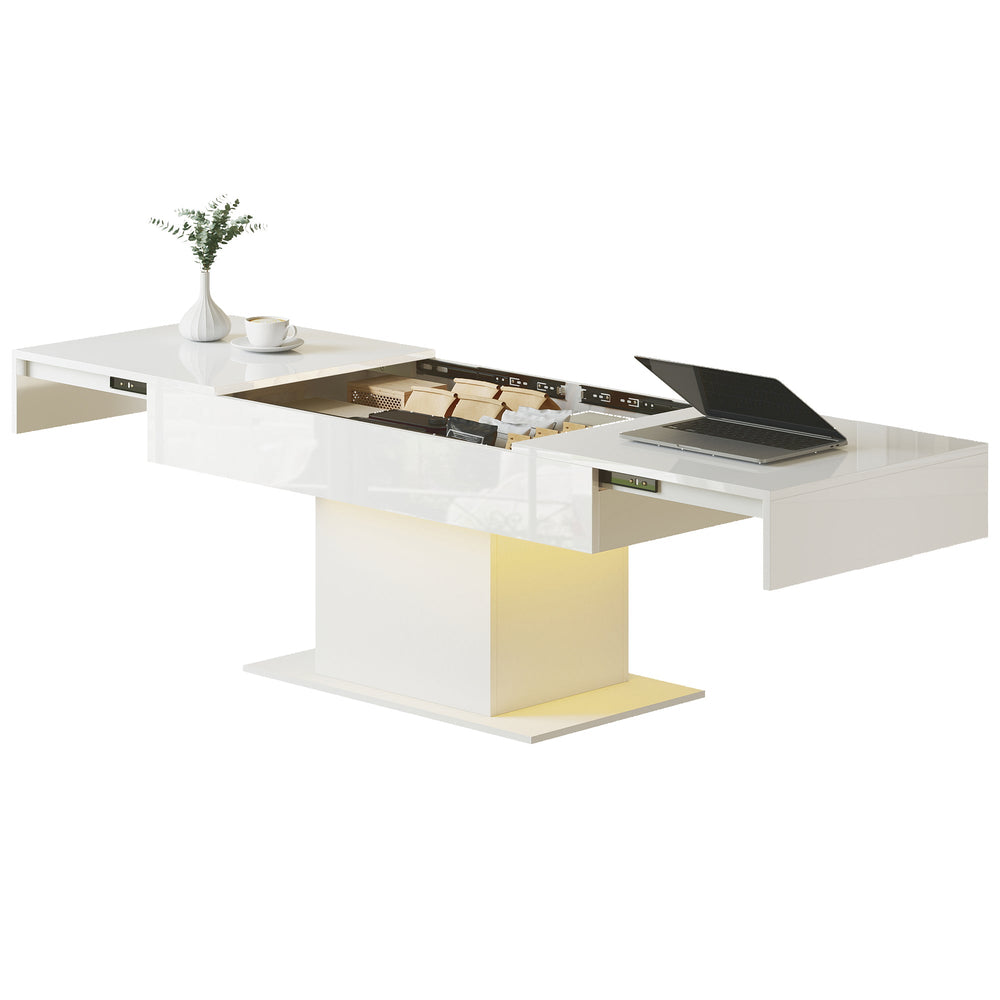 Halston Extendable Coffee Table with LED Lights and Hidden Storage-White