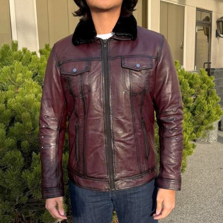 Blouson en cuir de mouton pour homme avec col en fourrure amovible