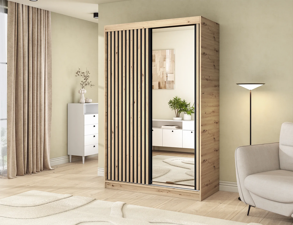 Armoire autoportante Emerio à 2 portes coulissantes avec miroir - Maple Oak