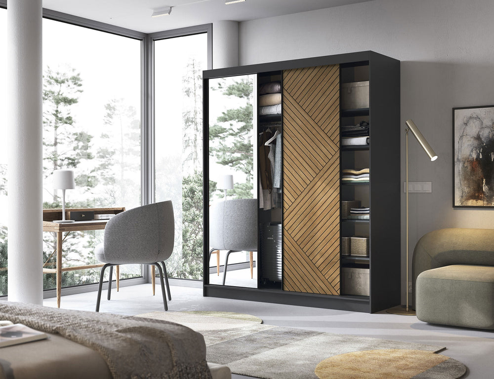 Marrphy Armoire autoportante à 3 portes coulissantes avec miroir - Noir/Chêne Caramel