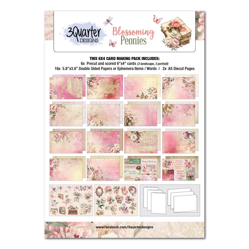 Pochette de 6 cartes 3Quarter Designs Pivoines épanouies 15,2 x 10,2 cm