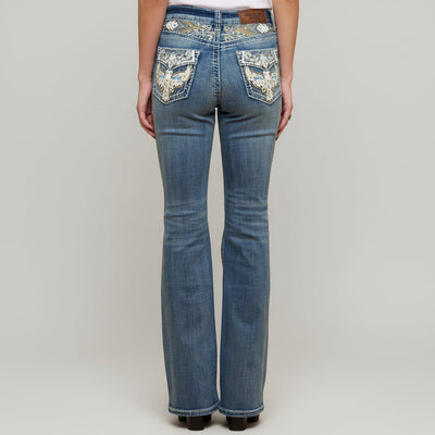 Jeans bootcut Westfield Eagle pour femmes, brodés. Denim à taille haute avec aigle et strass.