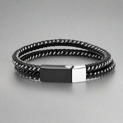 Bracelet tressé en cuir noir et fil d'acier inoxydable pour hommes