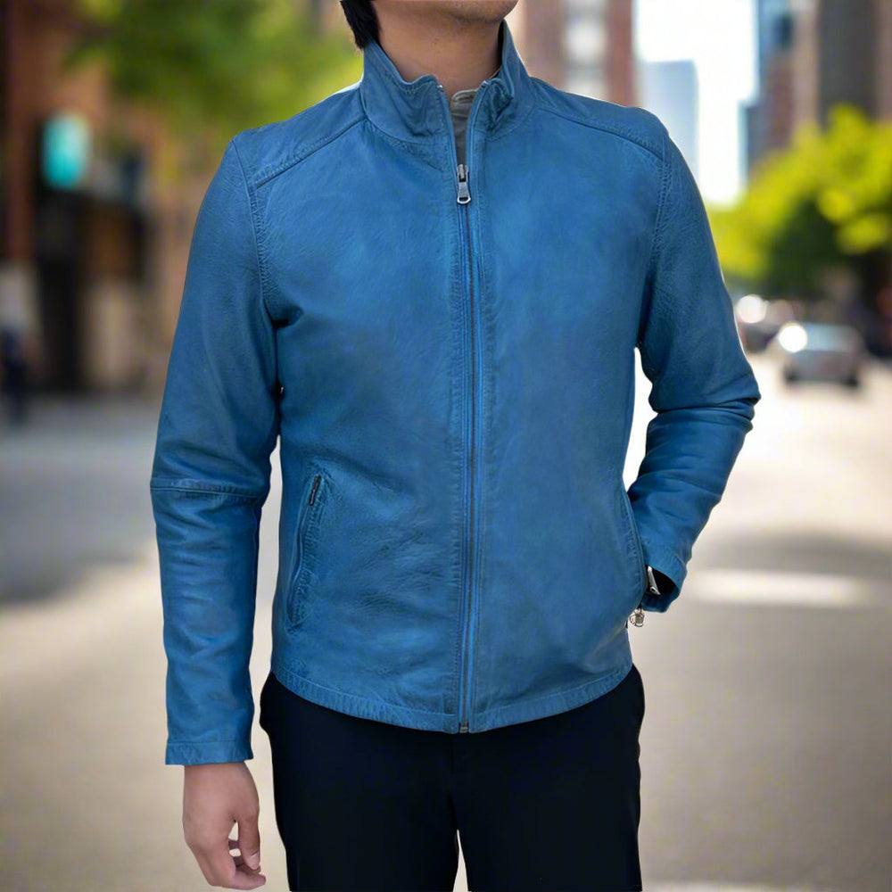 Blouson en cuir de mouton pour homme. Col officier classique avec 2 poches.